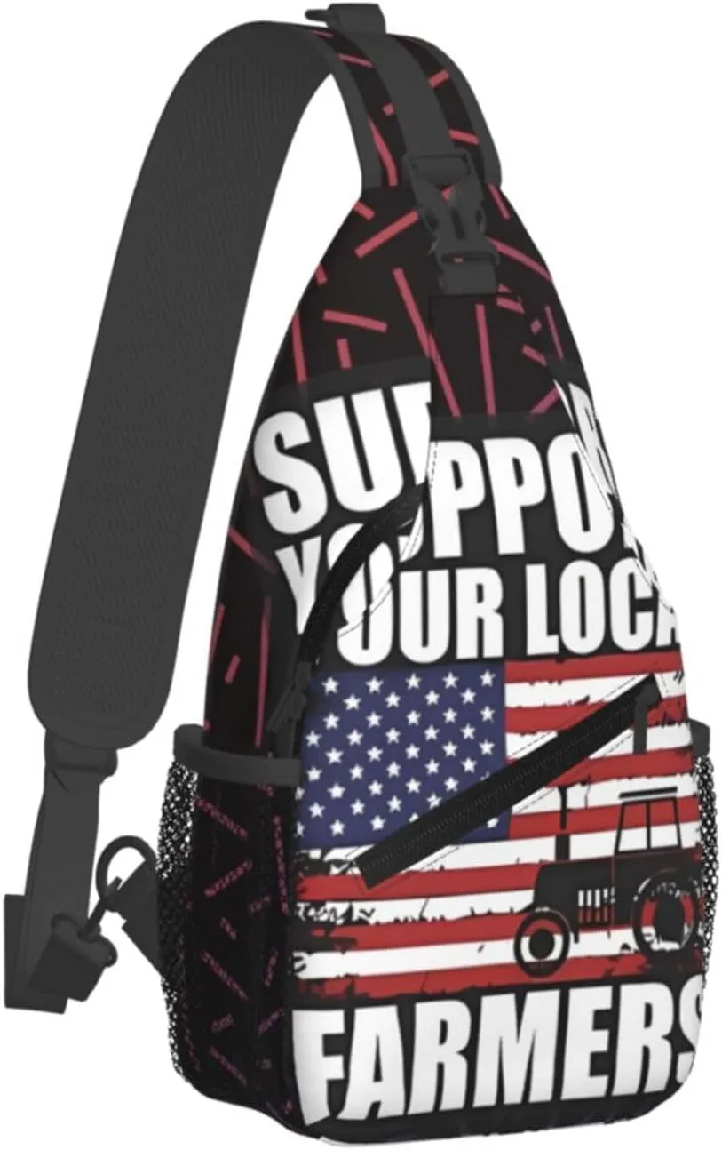 Support Your Local Farmers American Flag Small Crossbody Backpack Sling Bag For Men Women Mini One Shoulder Chest Bags Gym Sport Travel Hiking Daypack