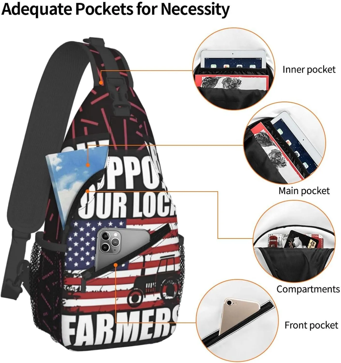 Support Your Local Farmers American Flag Small Crossbody Backpack Sling Bag For Men Women Mini One Shoulder Chest Bags Gym Sport Travel Hiking Daypack