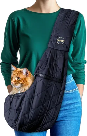 SUSU Cat Sling Carrier – Soft & Secure Cat Sling for Travel | Adjustable Small Dog Carrier Sling & Hands-Free Cat Pouch Sling for Small Pets Up to 9lbs (Silk Black)