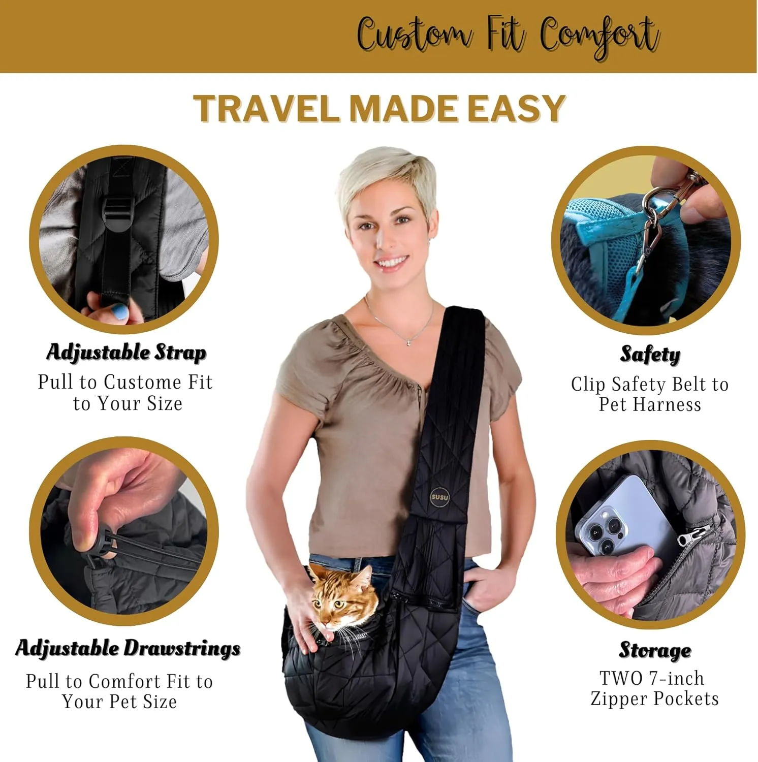 SUSU Cat Sling Carrier – Soft & Secure Cat Sling for Travel | Adjustable Small Dog Carrier Sling & Hands-Free Cat Pouch Sling for Small Pets Up to 9lbs (Silk Black)