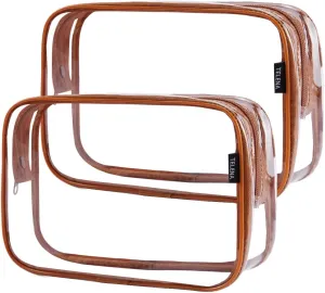 Telena Clear Travel Essentials Toiletry Bags - TSA Approved 2PCS Multifunctional Cosmetic Makeup Packs,Quart Size Carry On Accessories,Luggage Organizer For Women & Men,PVC Material,Brown