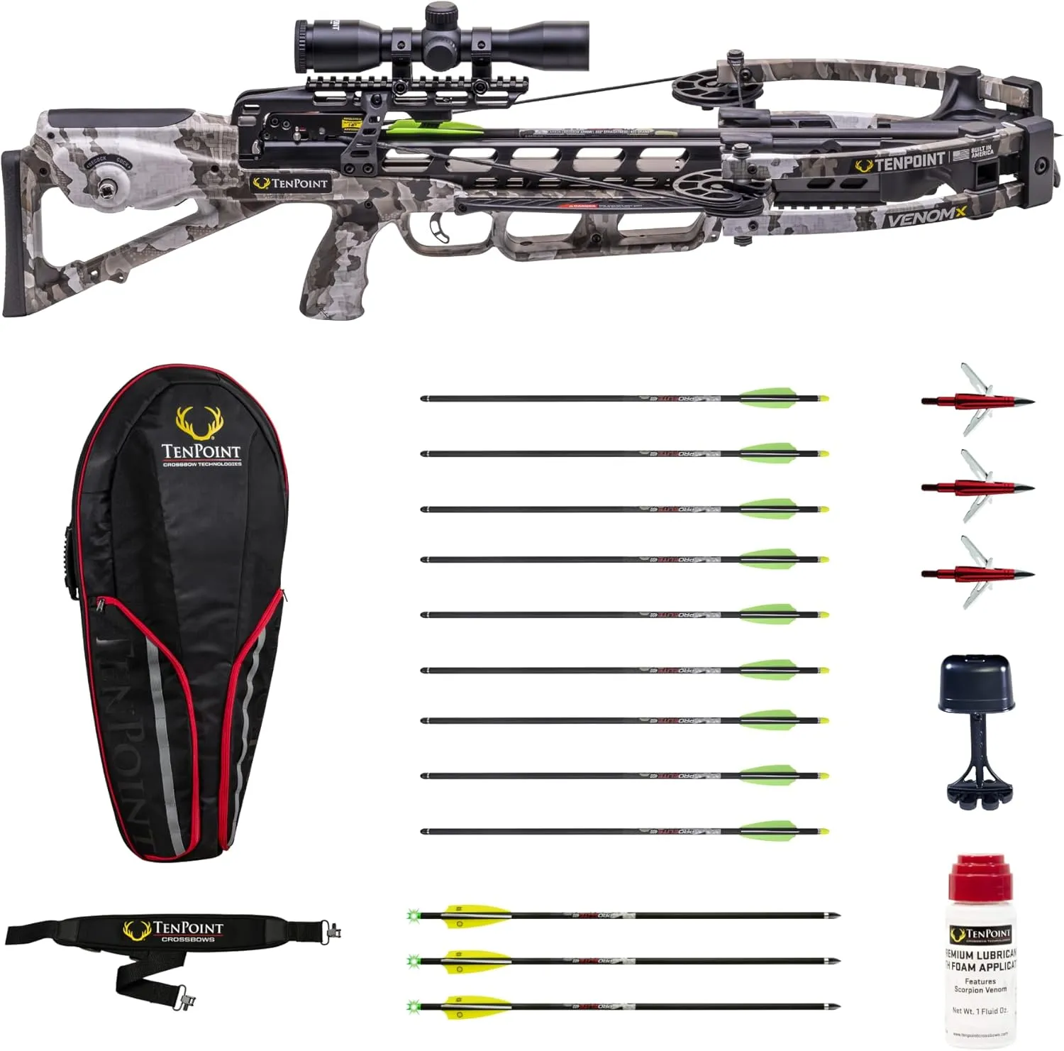 TenPoint Venom X Bundle - Includes 9 Pro Elite 400 Non-Lighted   3 Pro Elite 400 Lighted Arrows, 3 EVO-X CenterPunch Broadheads, Narrow Soft Case, Neoprene Sling & Premium Lubricant