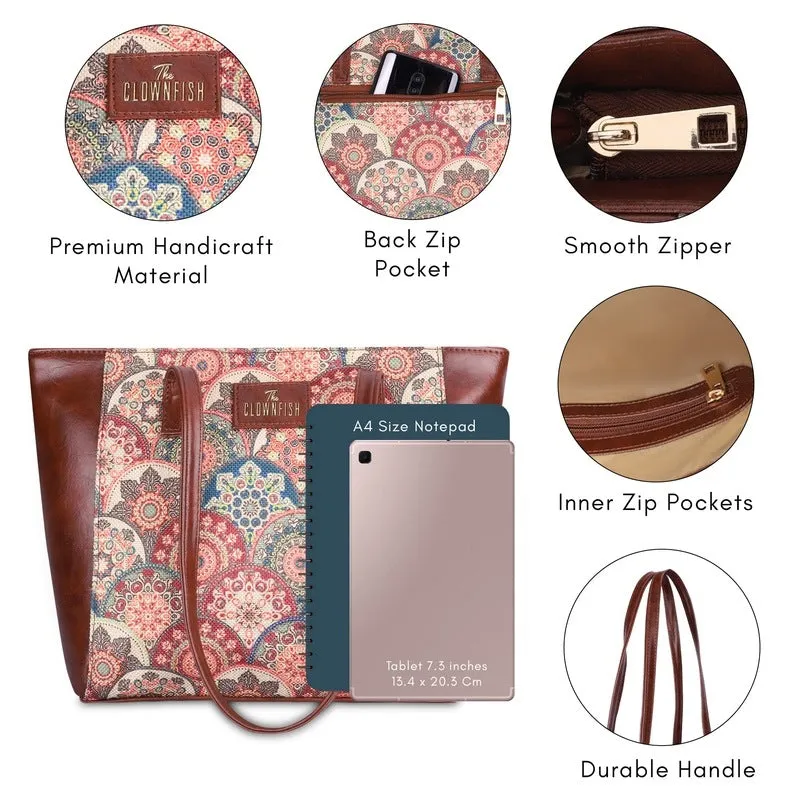 THE CLOWNFISH Valentine Printed Handicraft Fabric & Faux Leather Handbag for Women Office Bag Ladies Shoulder Bag Tote for Women College Girls (Multicolour-Mandala Art)