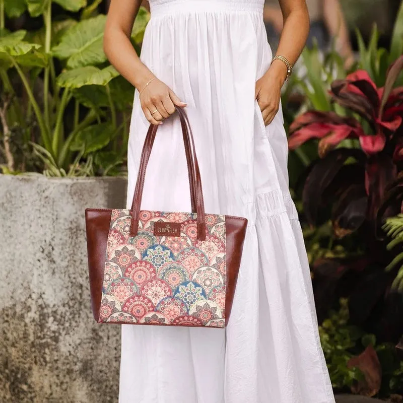 THE CLOWNFISH Valentine Printed Handicraft Fabric & Faux Leather Handbag for Women Office Bag Ladies Shoulder Bag Tote for Women College Girls (Multicolour-Mandala Art)
