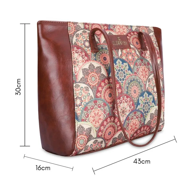 THE CLOWNFISH Valentine Printed Handicraft Fabric & Faux Leather Handbag for Women Office Bag Ladies Shoulder Bag Tote for Women College Girls (Multicolour-Mandala Art)