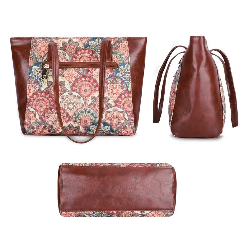 THE CLOWNFISH Valentine Printed Handicraft Fabric & Faux Leather Handbag for Women Office Bag Ladies Shoulder Bag Tote for Women College Girls (Multicolour-Mandala Art)