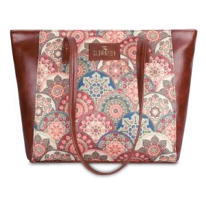 THE CLOWNFISH Valentine Printed Handicraft Fabric & Faux Leather Handbag for Women Office Bag Ladies Shoulder Bag Tote for Women College Girls (Multicolour-Mandala Art)