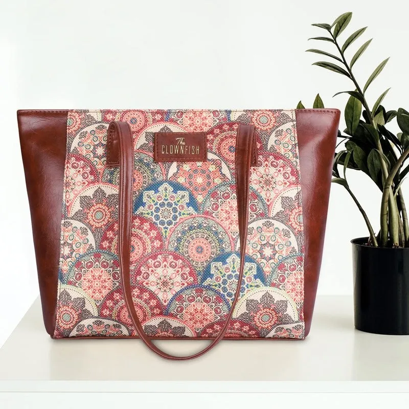 THE CLOWNFISH Valentine Printed Handicraft Fabric & Faux Leather Handbag for Women Office Bag Ladies Shoulder Bag Tote for Women College Girls (Multicolour-Mandala Art)