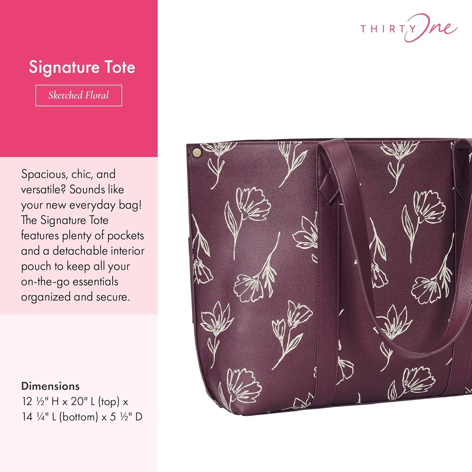 THIRTY-ONE Gifts Signature Tote Bag with Pockets, Faux Leather Tote-Bag Purse with Removable Pouch