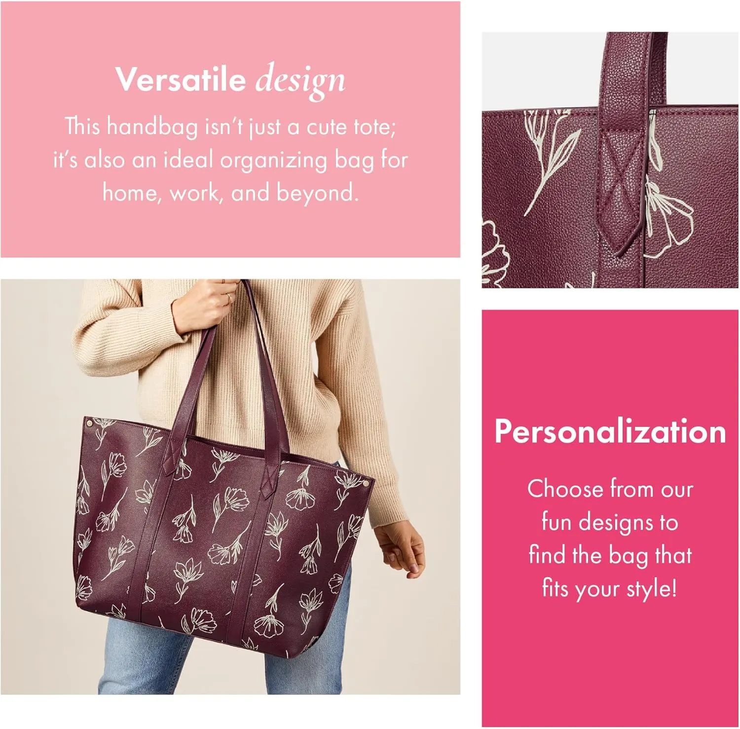 THIRTY-ONE Gifts Signature Tote Bag with Pockets, Faux Leather Tote-Bag Purse with Removable Pouch