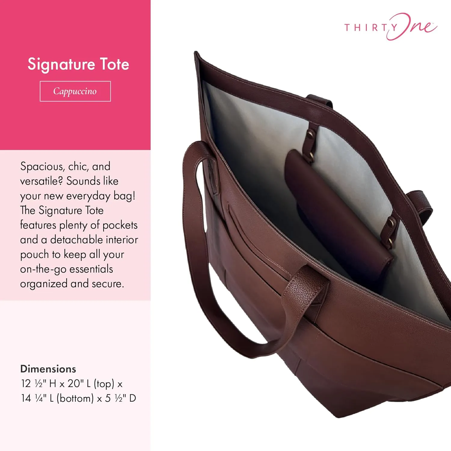 THIRTY-ONE Gifts Signature Tote Bag with Pockets, Faux Leather Tote-Bag Purse with Removable Pouch