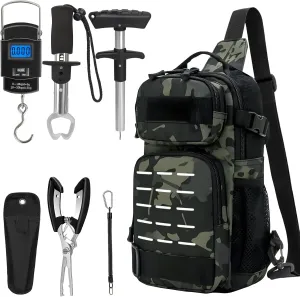 THKFISH 7Pcs Fishing Backpack with Fishing Pliers Kit, Tactical Fish Sling Tackle Bag Included Fishing Tackle kit, Digital Fishing Gear Weight Scale, Fish Hook Remover Tools