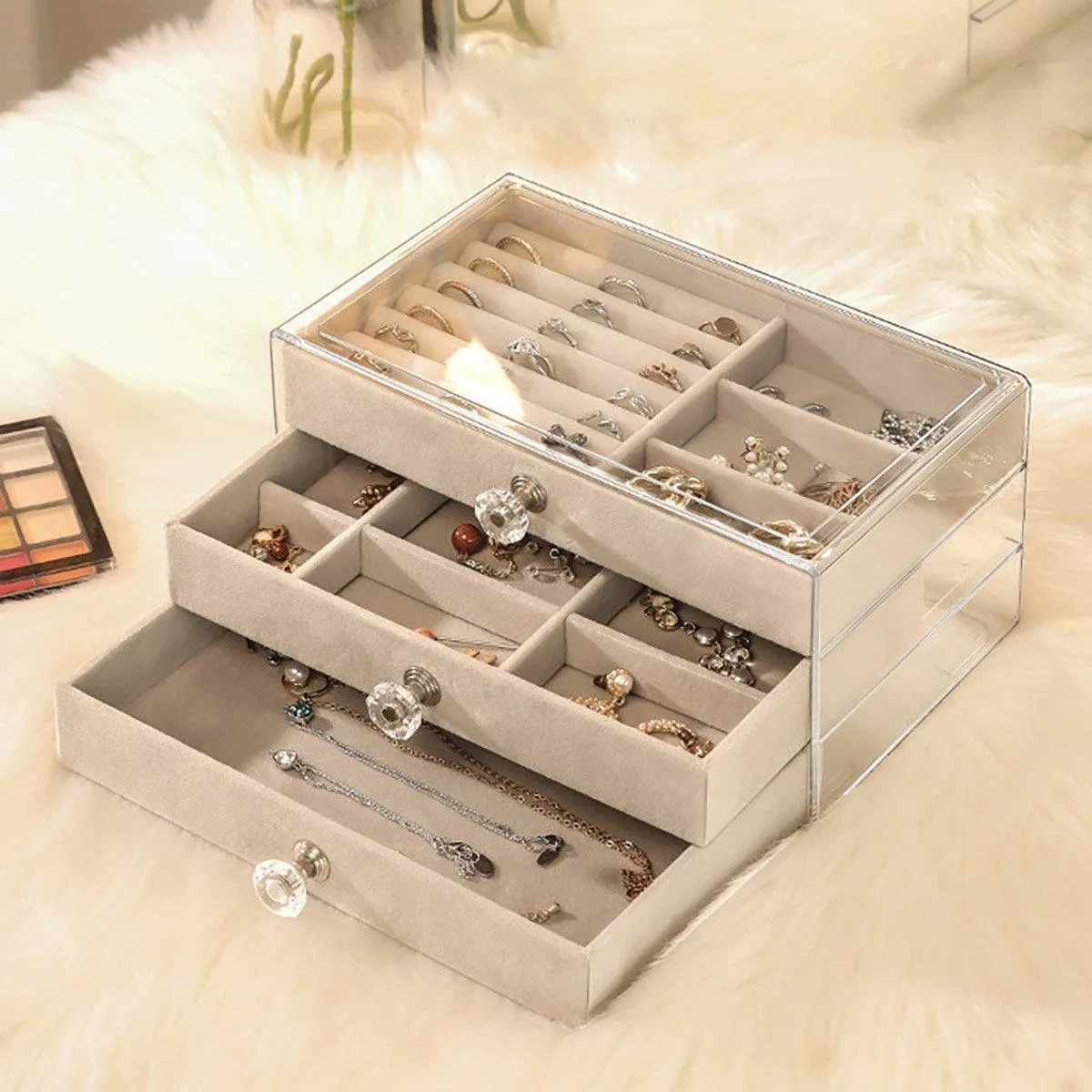 Three Layer Flannel Jewelry Storage Box Dustproof Drawer Organizer for Earrings