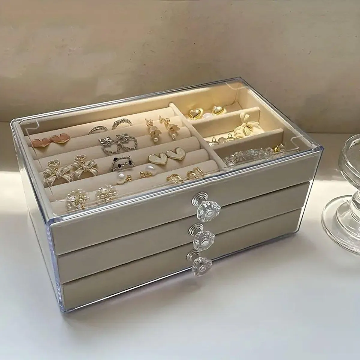 Three Layer Flannel Jewelry Storage Box Dustproof Drawer Organizer for Earrings