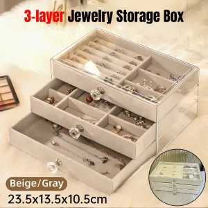Three Layer Flannel Jewelry Storage Box Dustproof Drawer Organizer for Earrings
