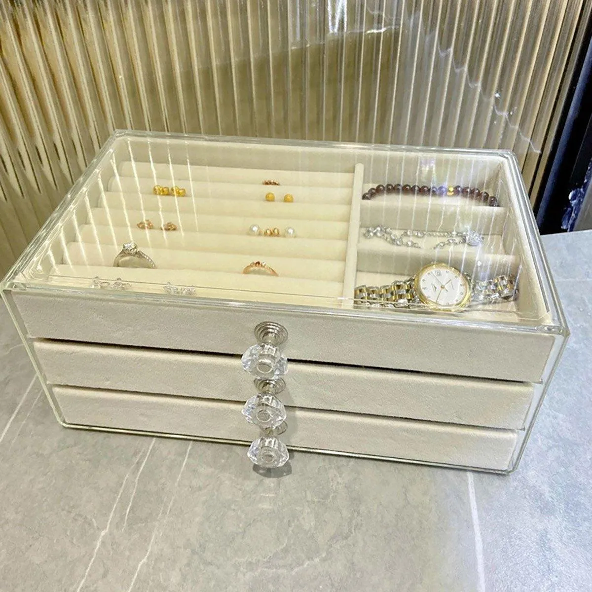 Three Layer Flannel Jewelry Storage Box Dustproof Drawer Organizer for Earrings