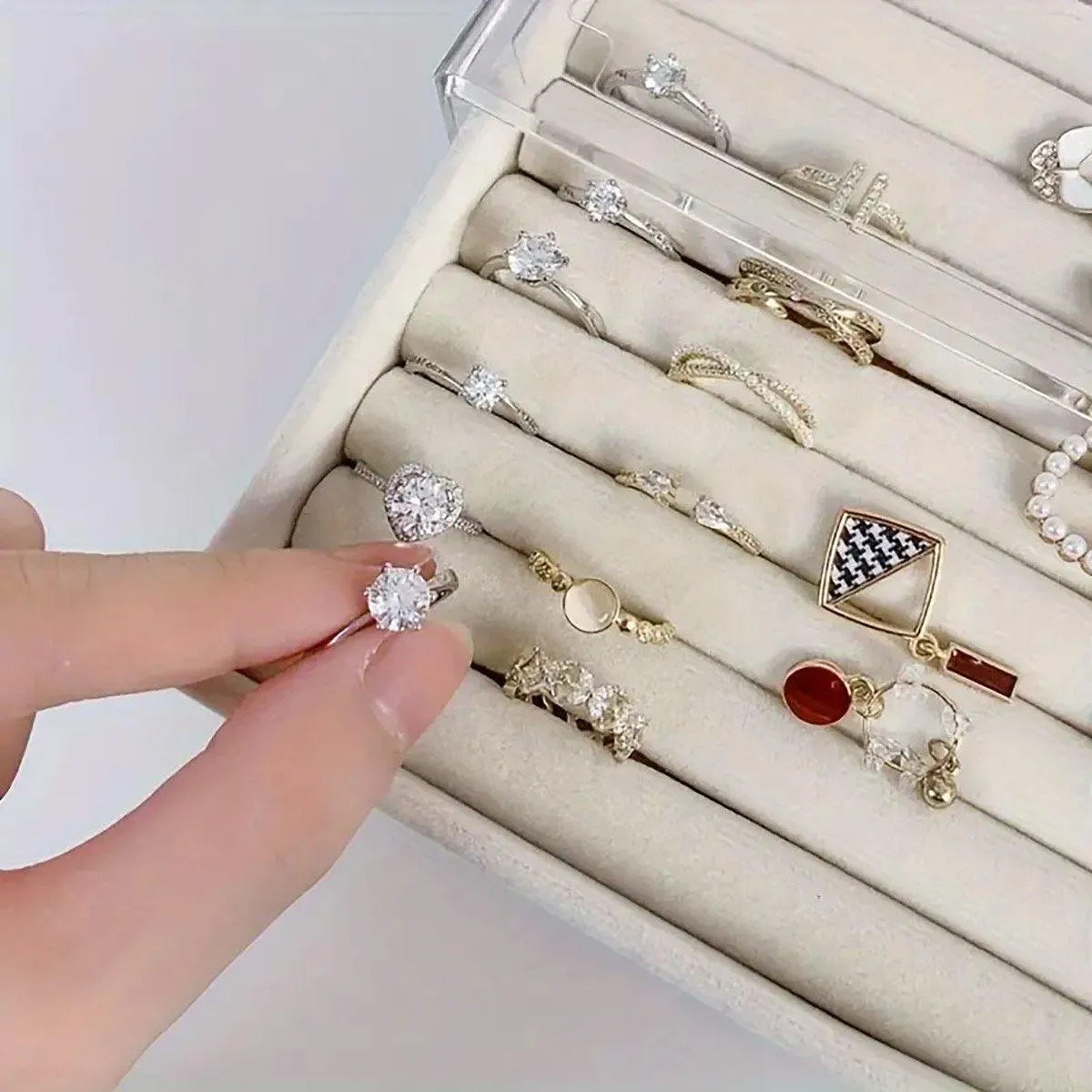 Three Layer Flannel Jewelry Storage Box Dustproof Drawer Organizer for Earrings