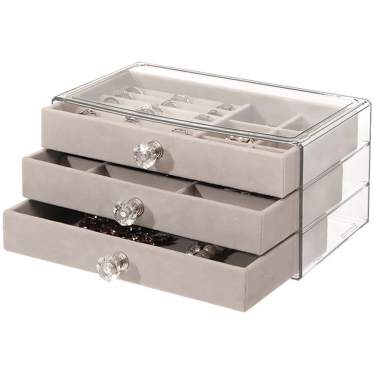 Three Layer Flannel Jewelry Storage Box Dustproof Drawer Organizer for Earrings