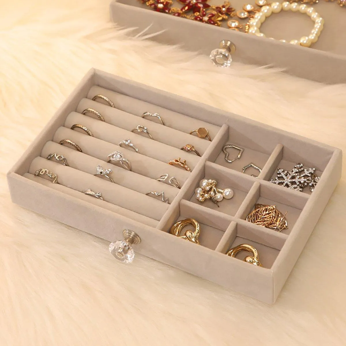 Three Layer Flannel Jewelry Storage Box Dustproof Drawer Organizer for Earrings
