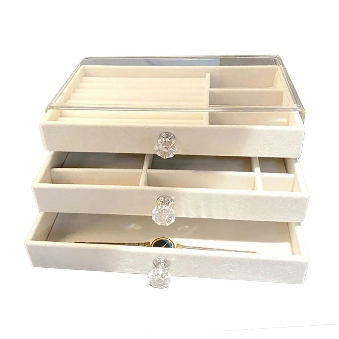 Three Layer Flannel Jewelry Storage Box Dustproof Drawer Organizer for Earrings