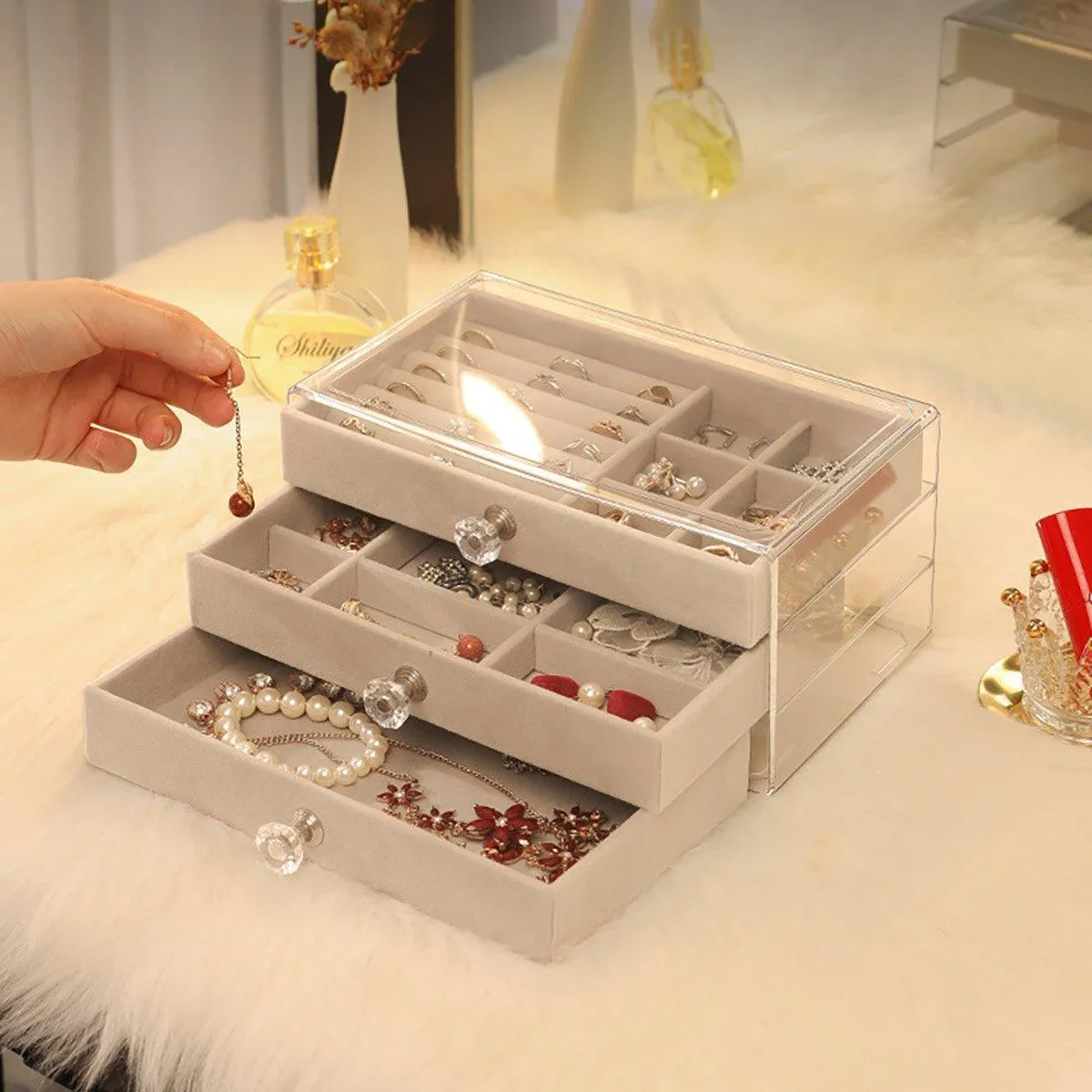 Three Layer Flannel Jewelry Storage Box Dustproof Drawer Organizer for Earrings