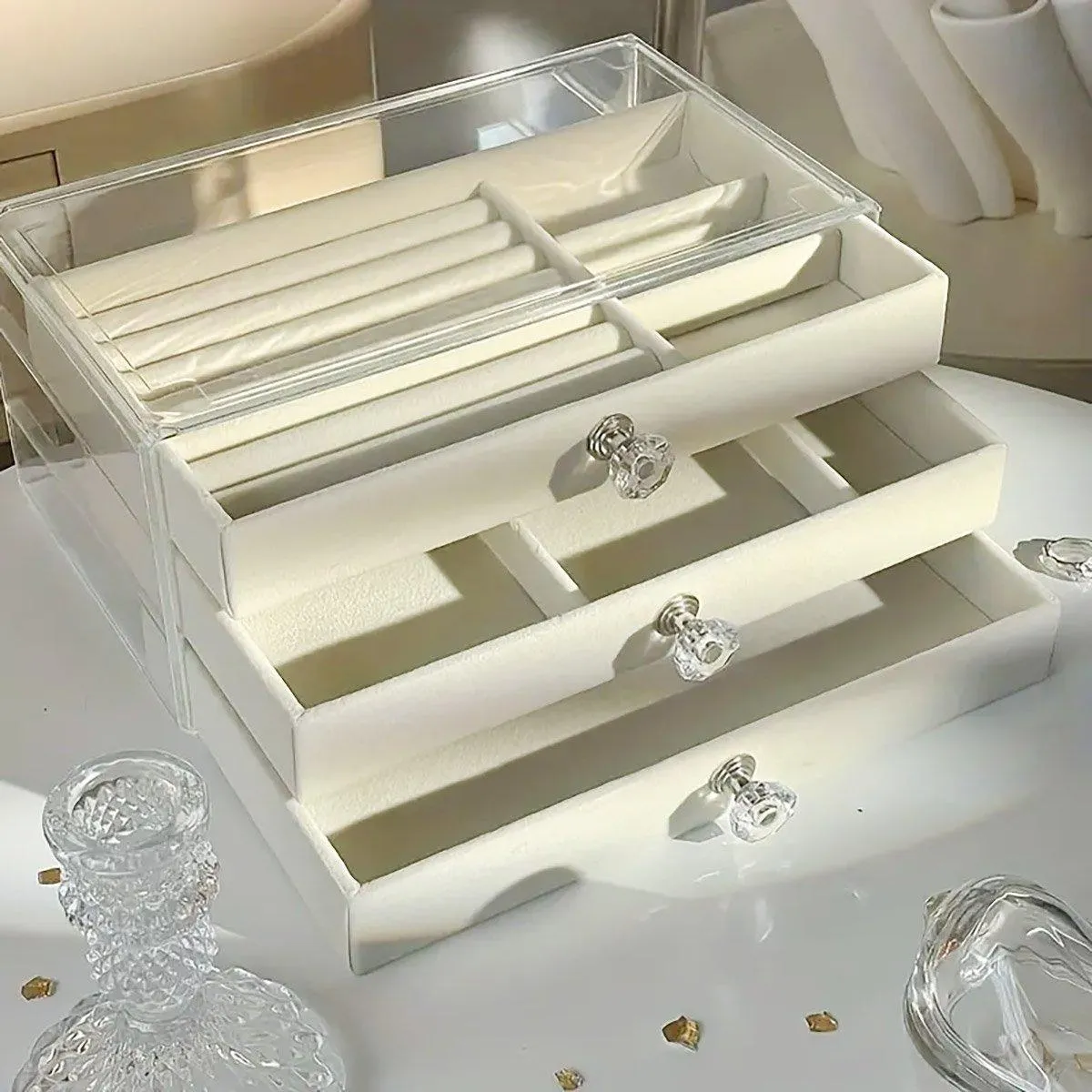 Three Layer Flannel Jewelry Storage Box Dustproof Drawer Organizer for Earrings