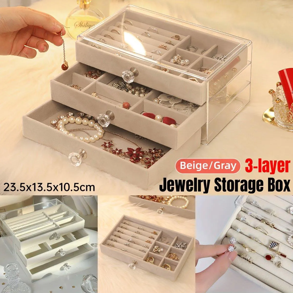 Three Layer Flannel Jewelry Storage Box Dustproof Drawer Organizer for Earrings