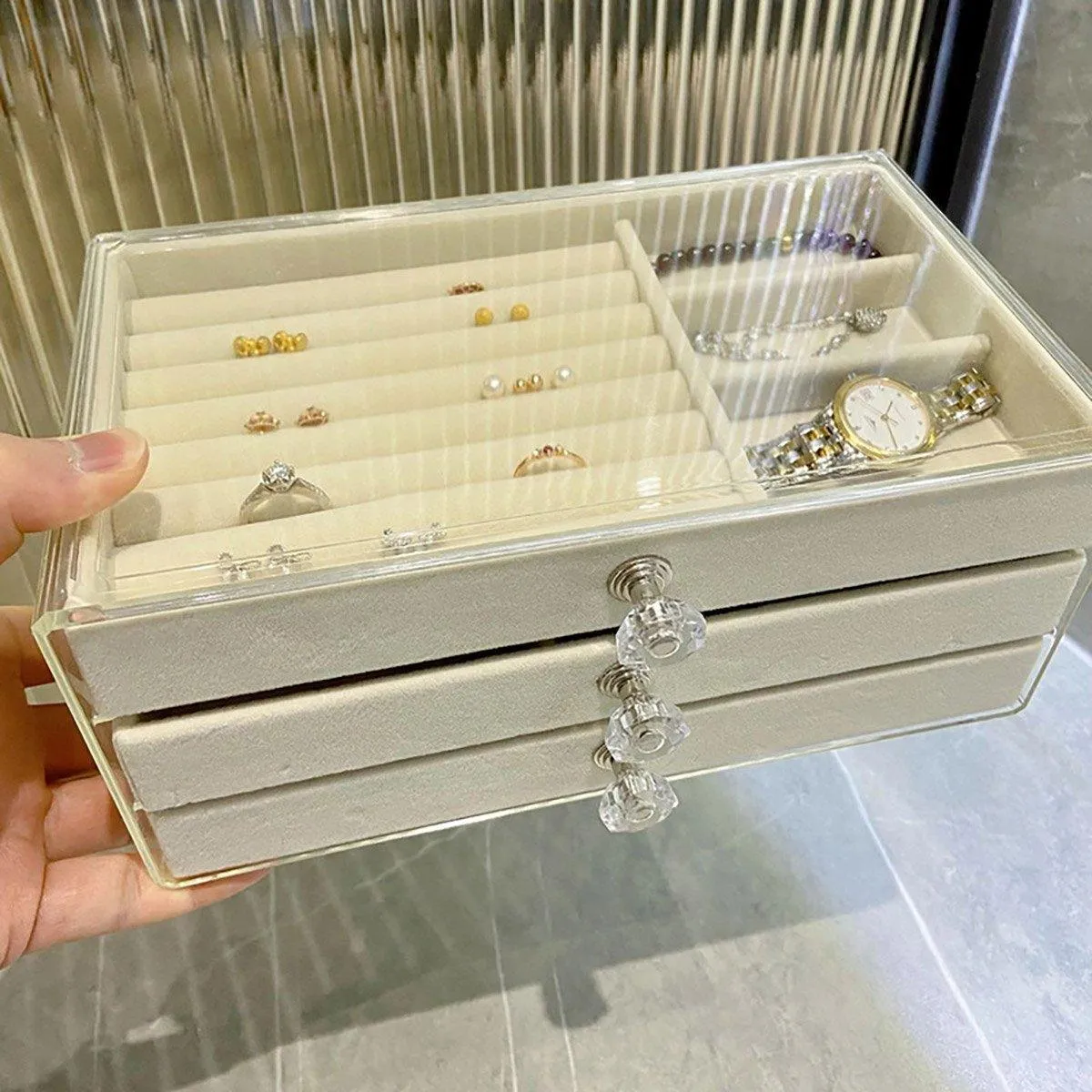 Three Layer Flannel Jewelry Storage Box Dustproof Drawer Organizer for Earrings