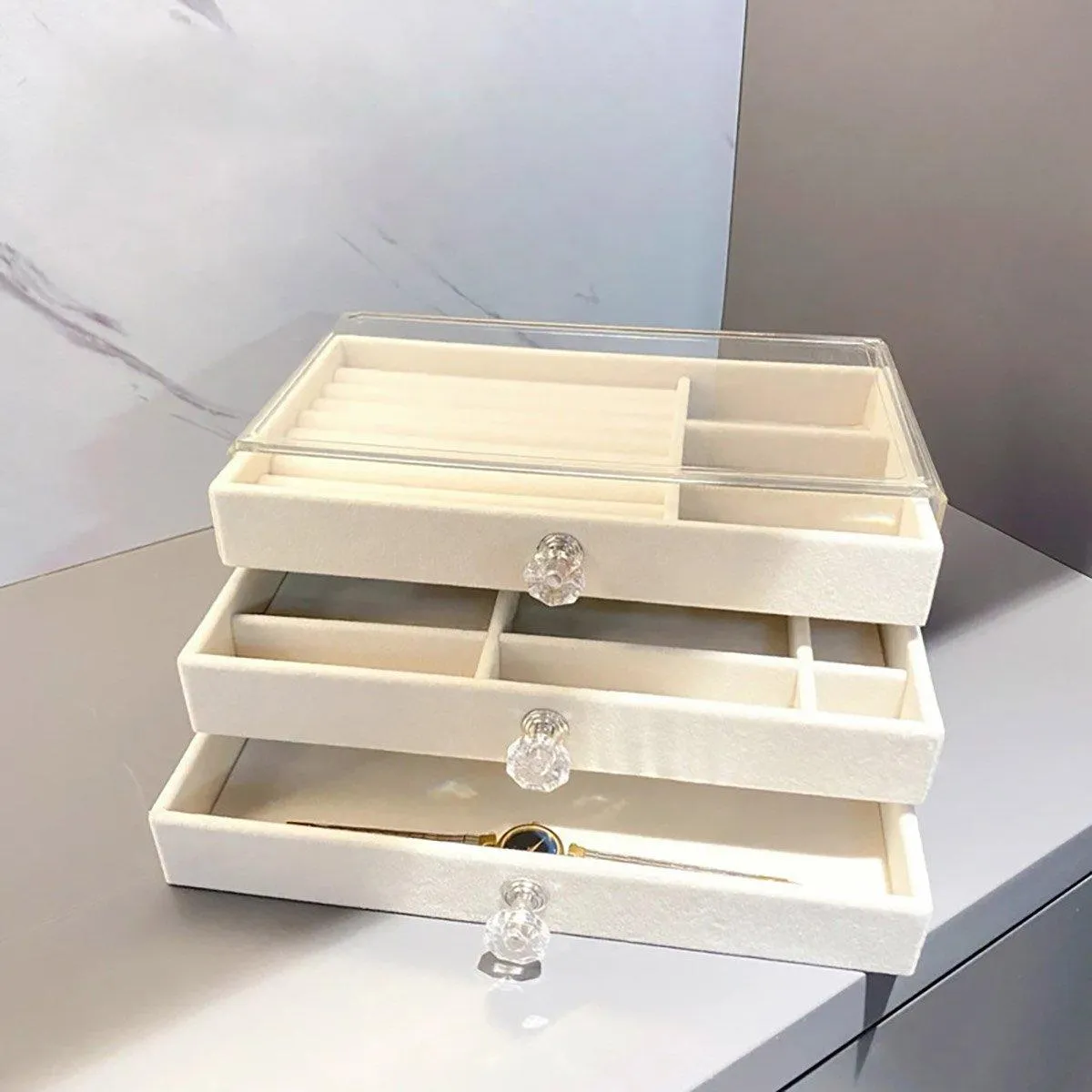 Three Layer Flannel Jewelry Storage Box Dustproof Drawer Organizer for Earrings