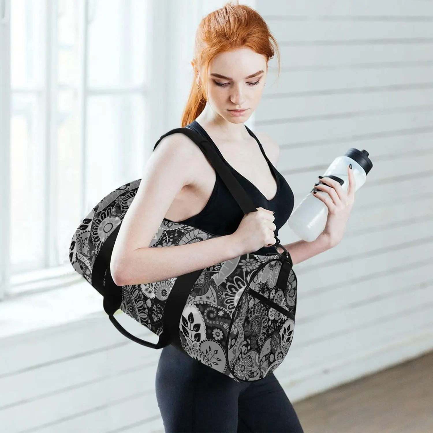 Traditional Ancient Asian Elements Paisley Floral Flowers Duffel Bag, Foldable Canvas Travel Tote for Gym Sports with Inner Pockets, Durable Lightweight Fitness Bag for Overnight Workout