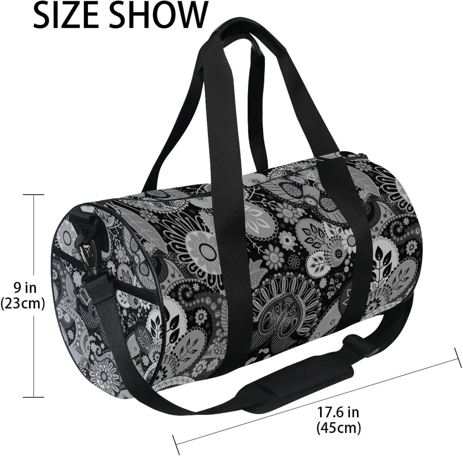 Traditional Ancient Asian Elements Paisley Floral Flowers Duffel Bag, Foldable Canvas Travel Tote for Gym Sports with Inner Pockets, Durable Lightweight Fitness Bag for Overnight Workout