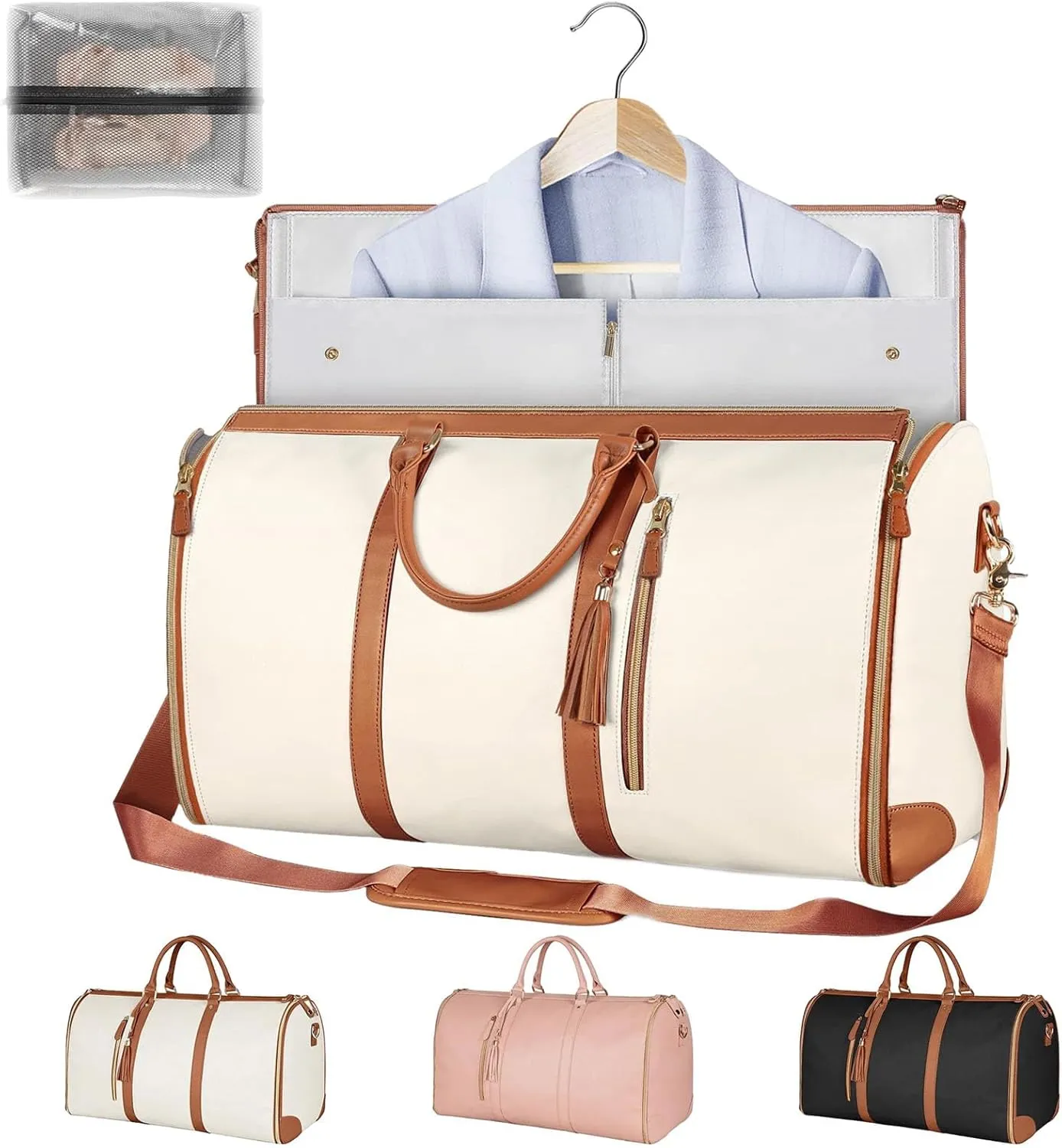 Travel Bag with Wheels,3-in-1 Suit Luggage Bag for Women Business Trip & Travel with Shoe Pouch, Foldable PU Leather Carry On Garment Bag(Basic, Beige)
