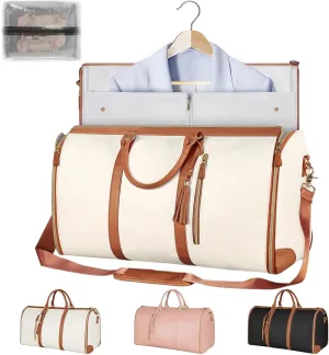Travel Bag with Wheels,3-in-1 Suit Luggage Bag for Women Business Trip & Travel with Shoe Pouch, Foldable PU Leather Carry On Garment Bag(Basic, Beige)