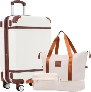 Travel Conveniently with Lightweight Hardshell Luggage Set, Includes 28-Inch Suitcase, Duffel, and Toiletry Bag, White