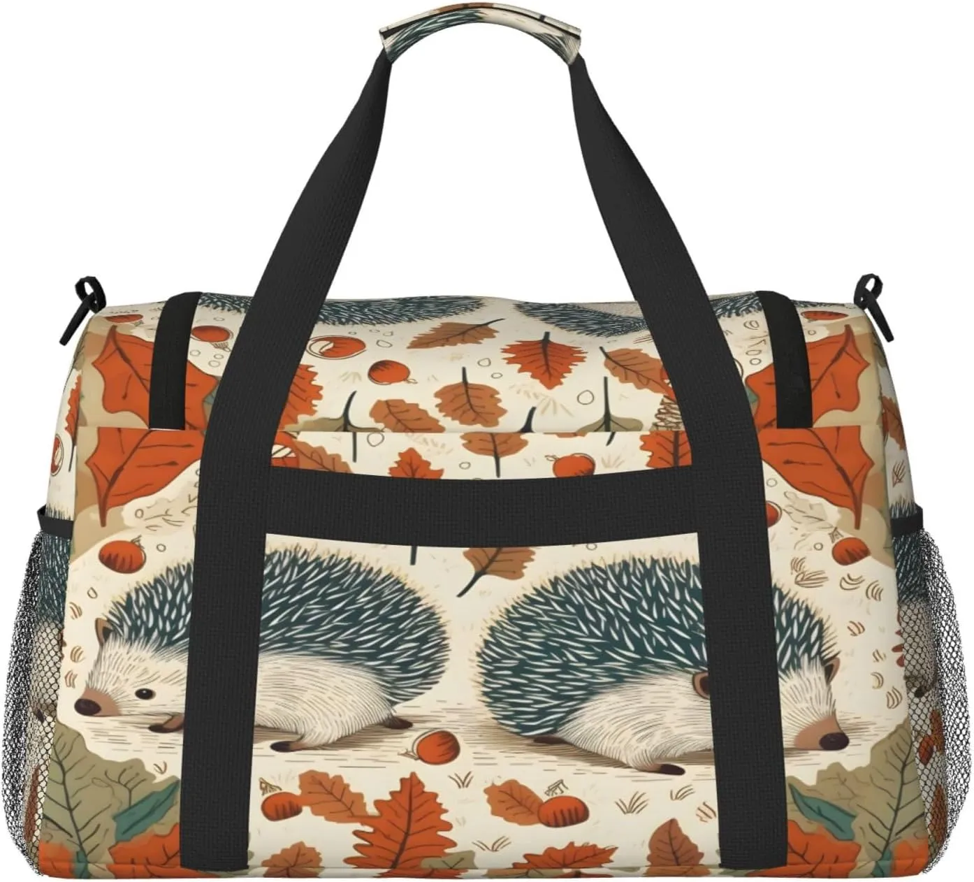 Travel Duffel Bag For Men Women, Autumn Leaves Cute Hedgehog Carry On Sport Gym Bag With Shoulder Strap Lightweight Waterproof Weekender Bag Overnight Bag