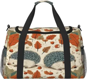 Travel Duffel Bag For Men Women, Autumn Leaves Cute Hedgehog Carry On Sport Gym Bag With Shoulder Strap Lightweight Waterproof Weekender Bag Overnight Bag