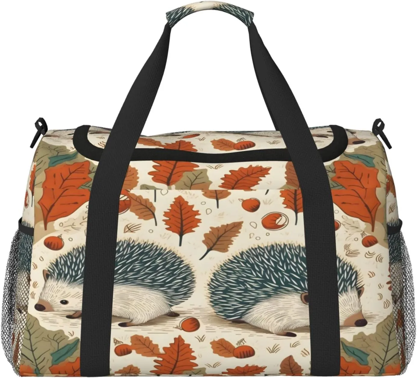 Travel Duffel Bag For Men Women, Autumn Leaves Cute Hedgehog Carry On Sport Gym Bag With Shoulder Strap Lightweight Waterproof Weekender Bag Overnight Bag