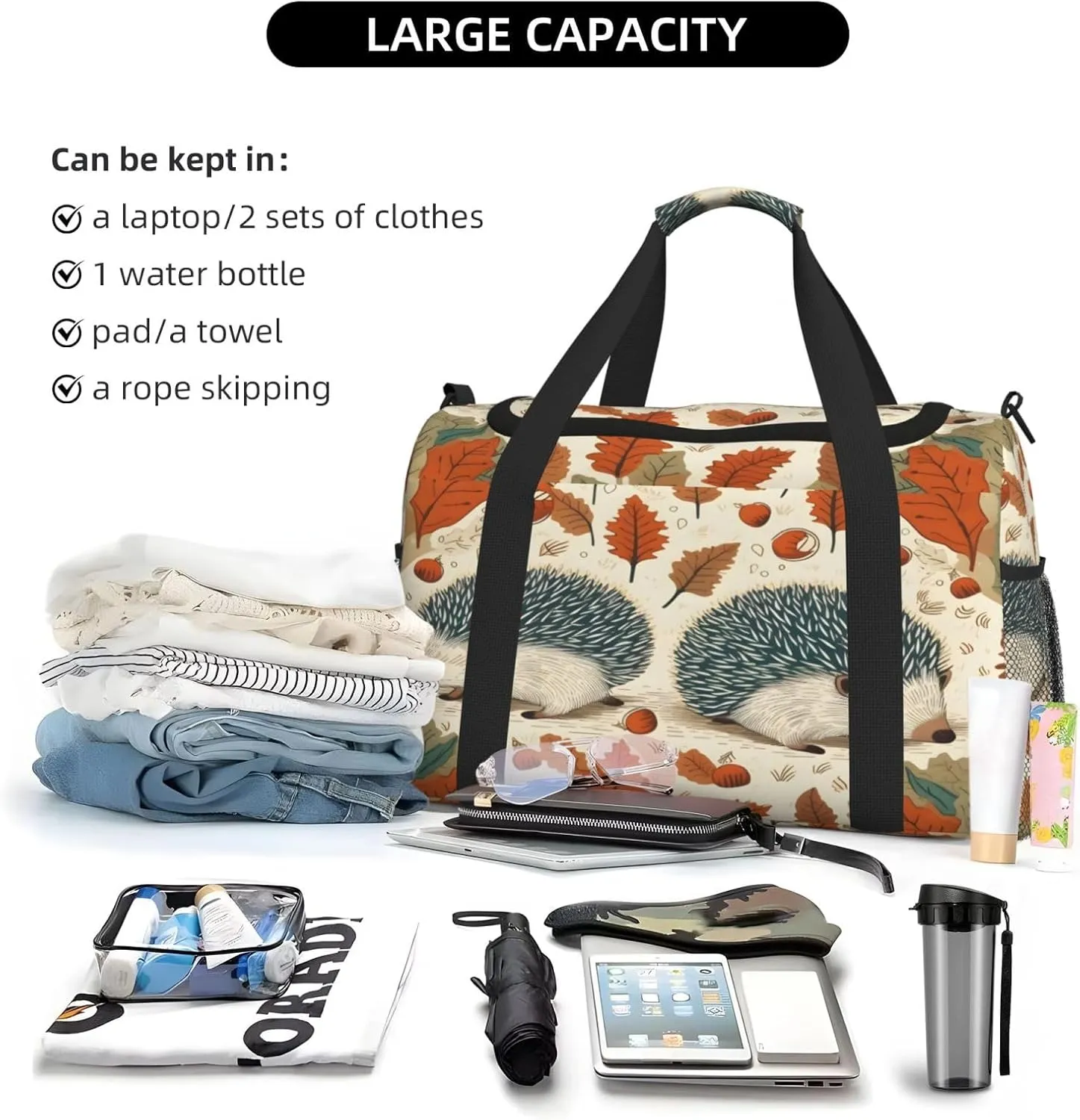 Travel Duffel Bag For Men Women, Autumn Leaves Cute Hedgehog Carry On Sport Gym Bag With Shoulder Strap Lightweight Waterproof Weekender Bag Overnight Bag