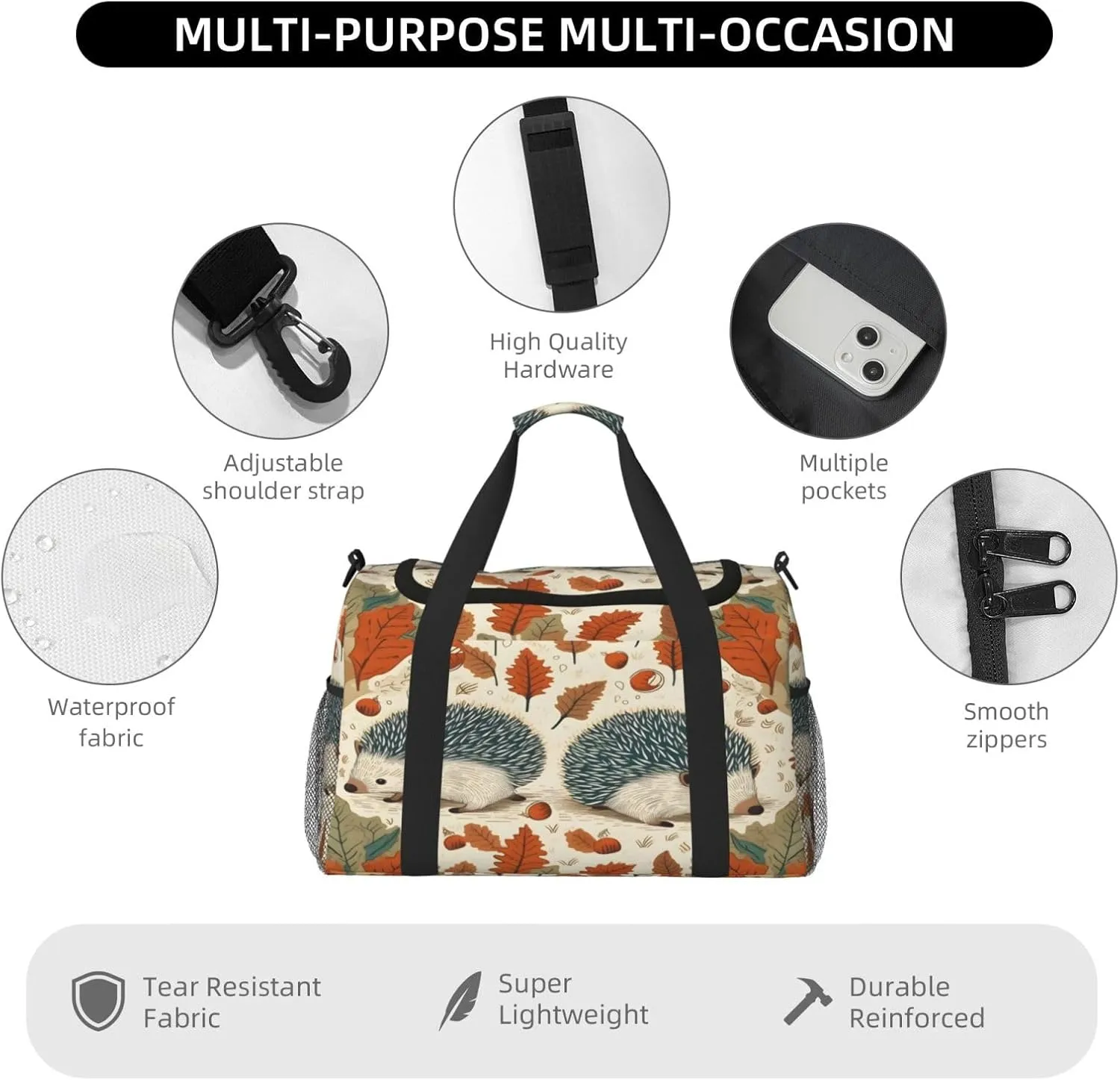 Travel Duffel Bag For Men Women, Autumn Leaves Cute Hedgehog Carry On Sport Gym Bag With Shoulder Strap Lightweight Waterproof Weekender Bag Overnight Bag