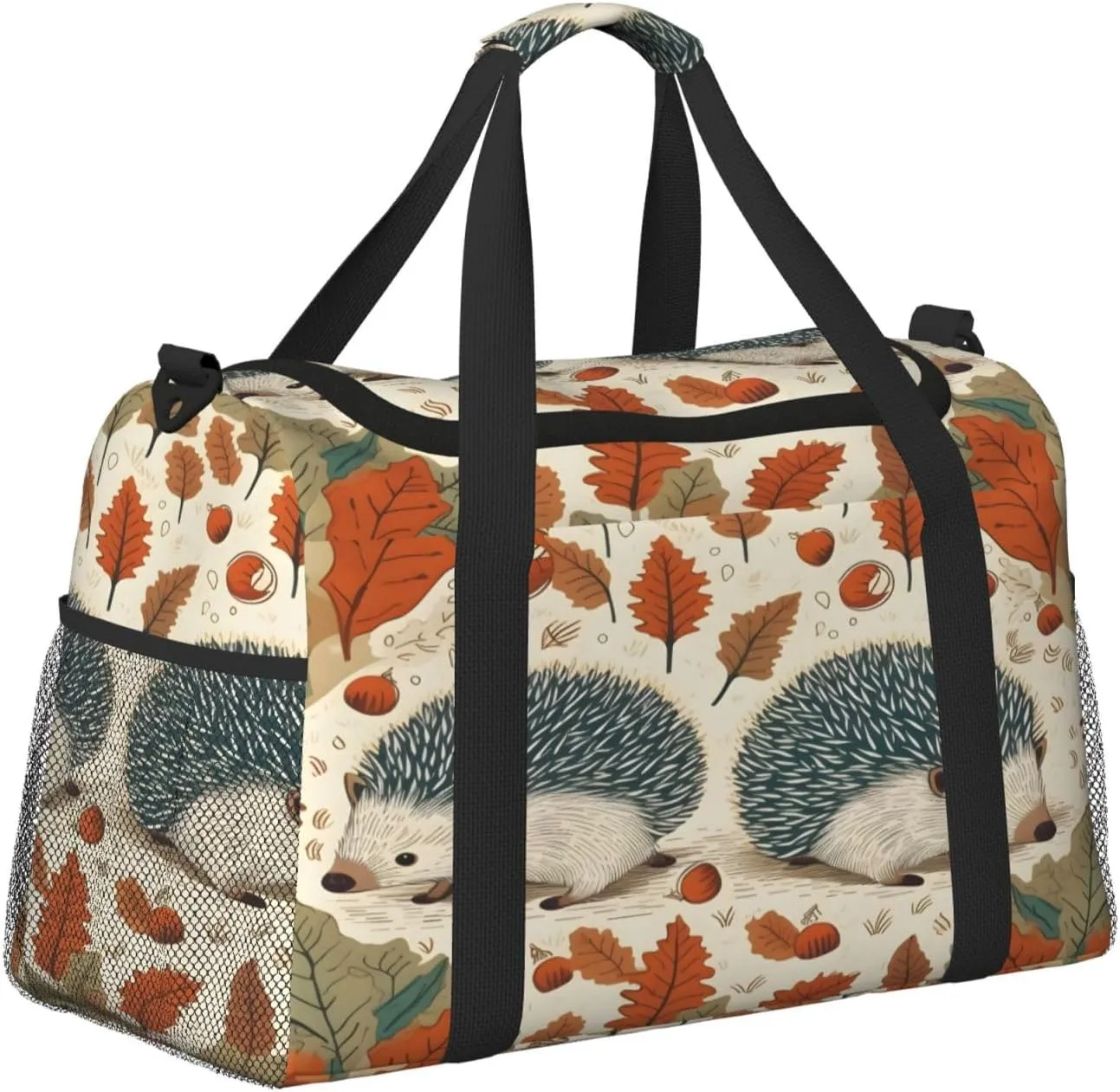 Travel Duffel Bag For Men Women, Autumn Leaves Cute Hedgehog Carry On Sport Gym Bag With Shoulder Strap Lightweight Waterproof Weekender Bag Overnight Bag