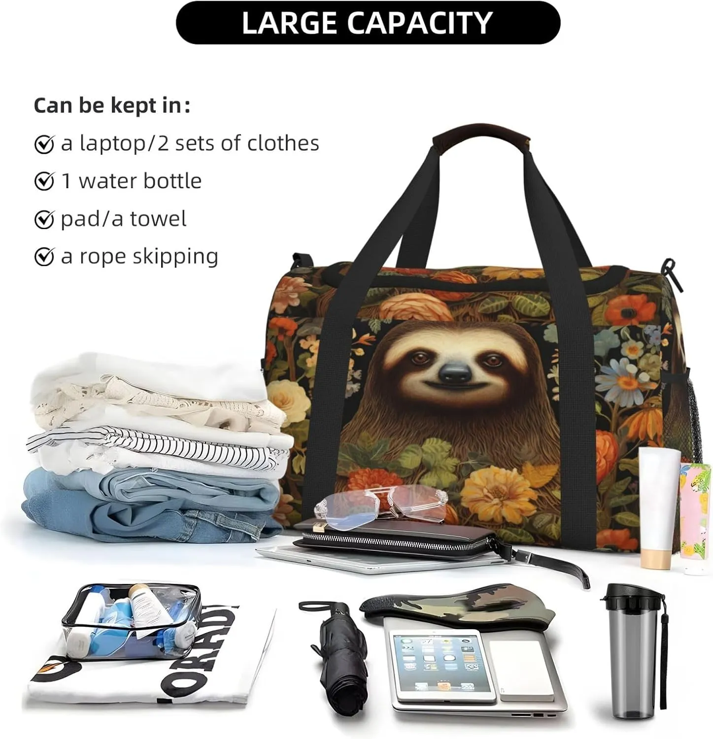 Travel Duffel Bag For Men Women, Cute Sloth Flowers Carry On Sport Gym Bag With Shoulder Strap Lightweight Waterproof Weekender Bag Overnight Bag