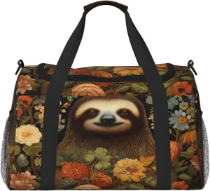 Travel Duffel Bag For Men Women, Cute Sloth Flowers Carry On Sport Gym Bag With Shoulder Strap Lightweight Waterproof Weekender Bag Overnight Bag