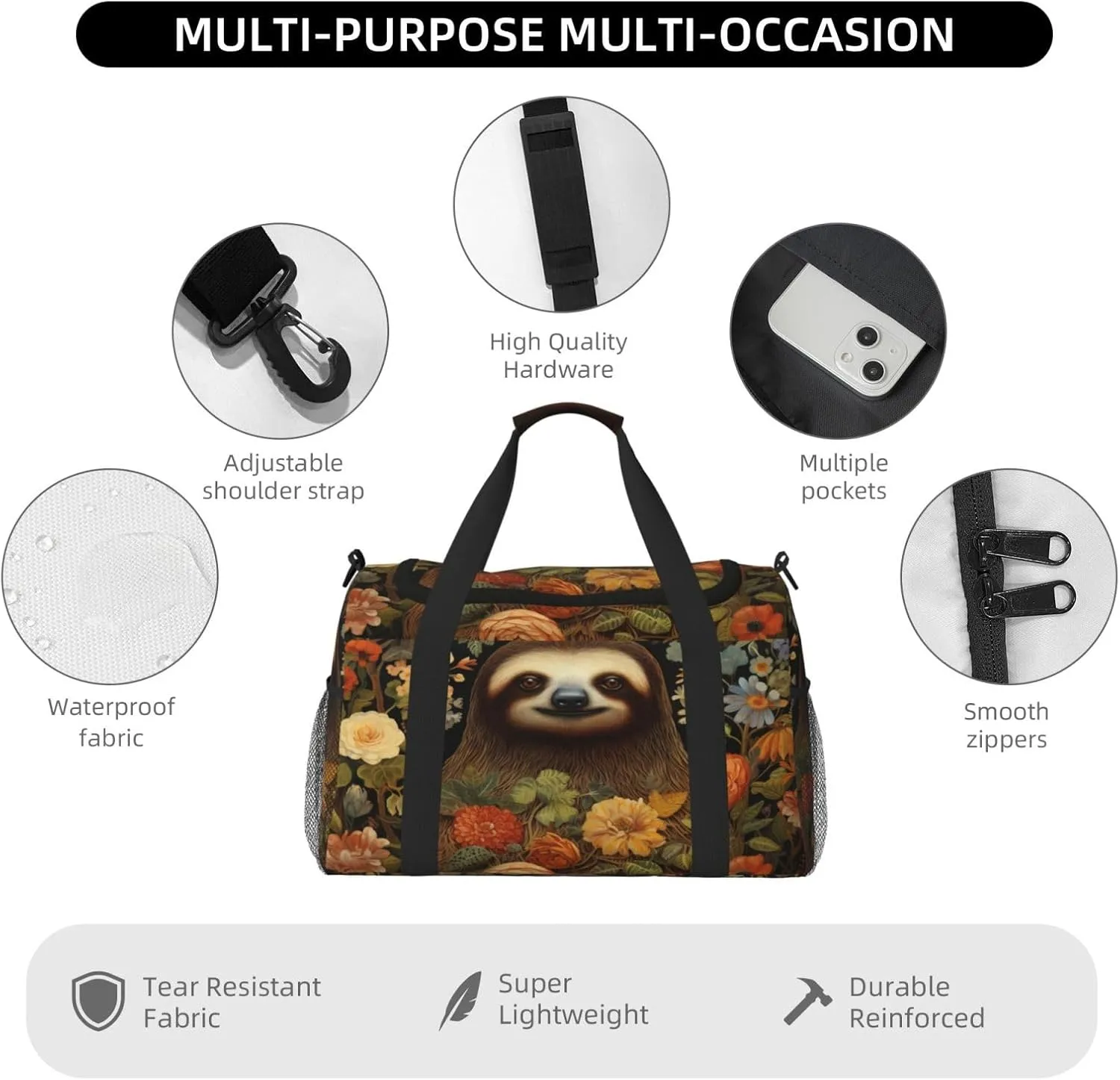 Travel Duffel Bag For Men Women, Cute Sloth Flowers Carry On Sport Gym Bag With Shoulder Strap Lightweight Waterproof Weekender Bag Overnight Bag