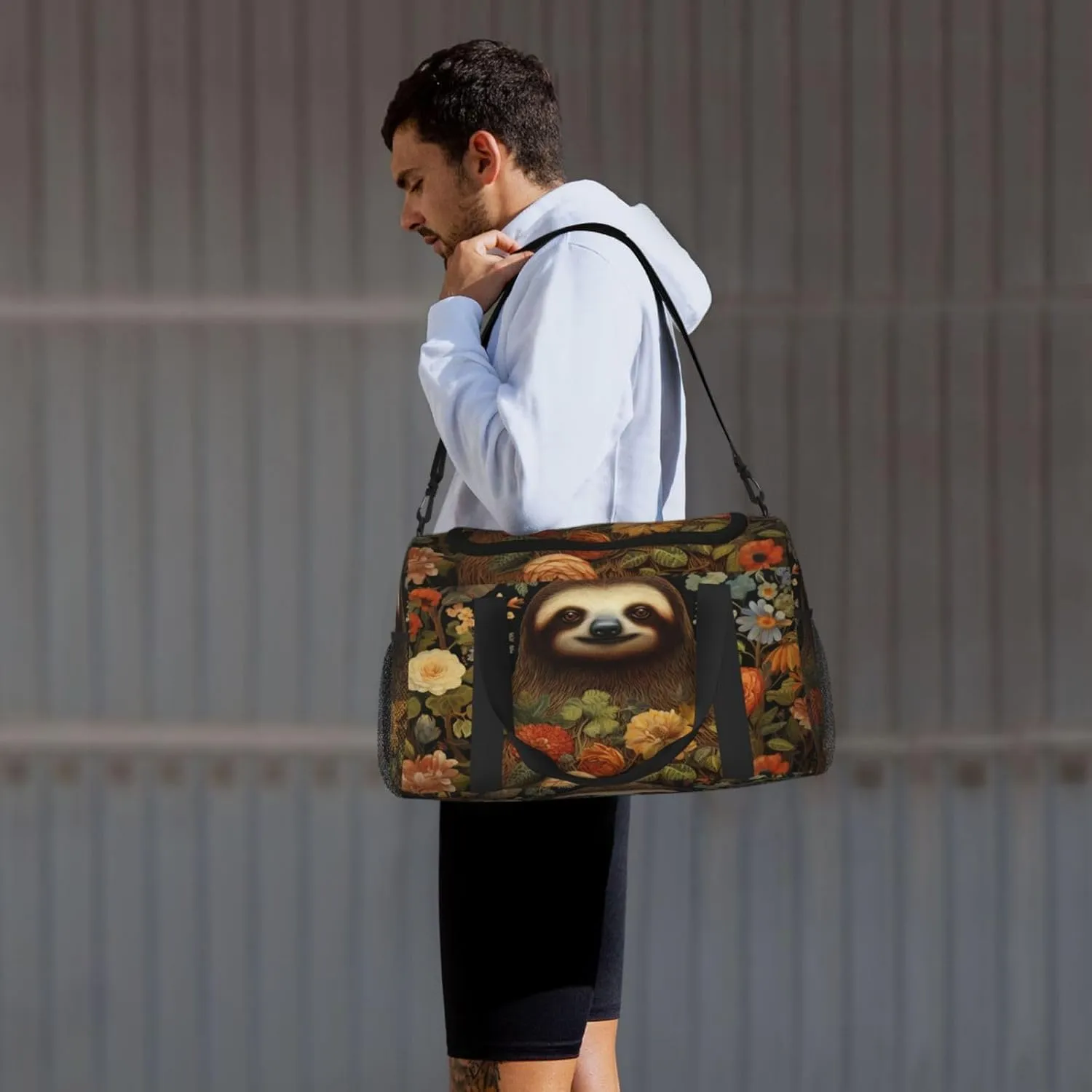 Travel Duffel Bag For Men Women, Cute Sloth Flowers Carry On Sport Gym Bag With Shoulder Strap Lightweight Waterproof Weekender Bag Overnight Bag