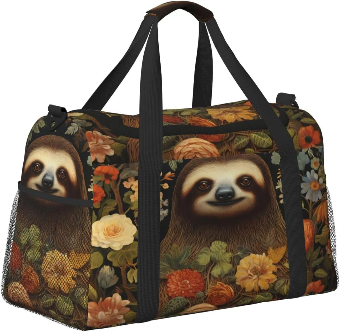 Travel Duffel Bag For Men Women, Cute Sloth Flowers Carry On Sport Gym Bag With Shoulder Strap Lightweight Waterproof Weekender Bag Overnight Bag