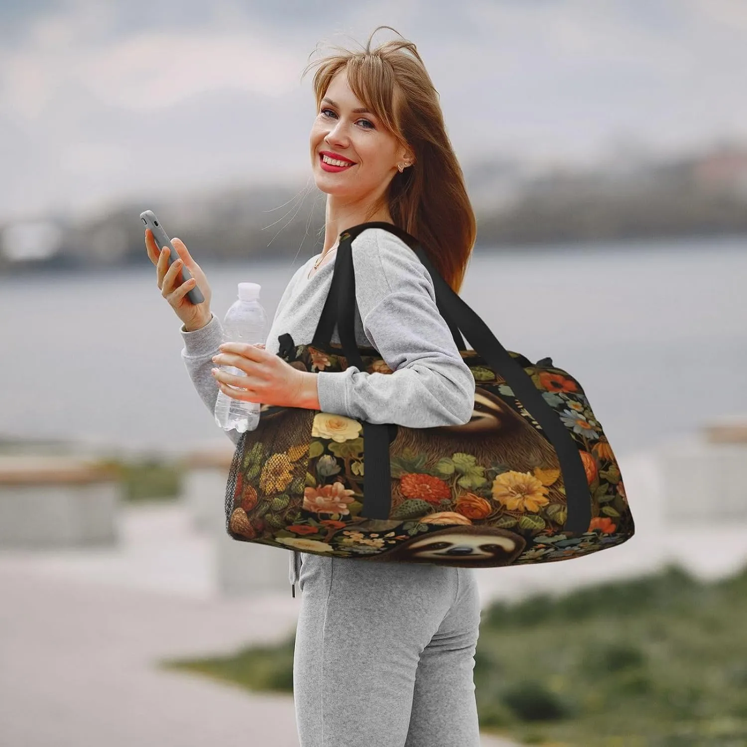 Travel Duffel Bag For Men Women, Cute Sloth Flowers Carry On Sport Gym Bag With Shoulder Strap Lightweight Waterproof Weekender Bag Overnight Bag