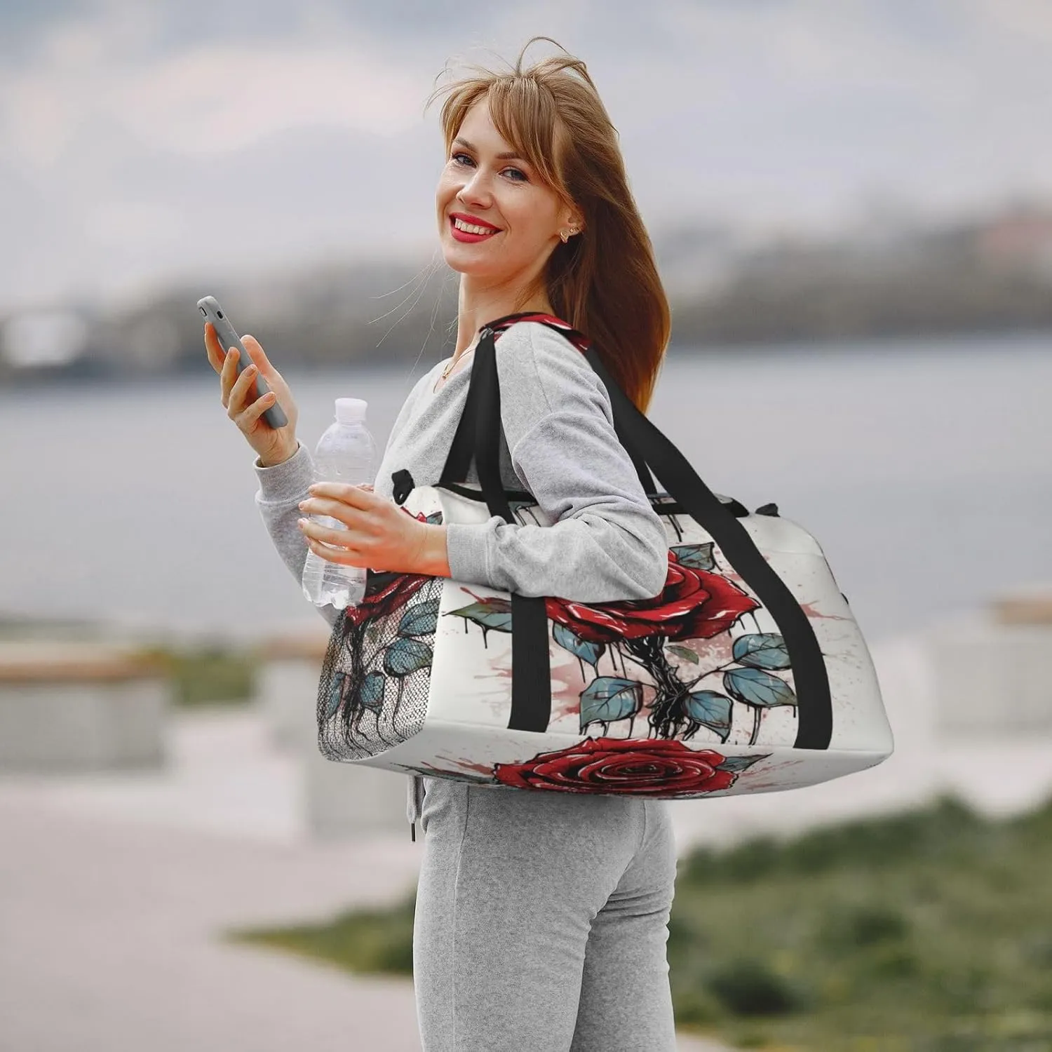 Travel Duffel Bag For Men Women, Red Rose Art Painting Carry On Sport Gym Bag With Shoulder Strap Lightweight Waterproof Weekender Bag Overnight Bag