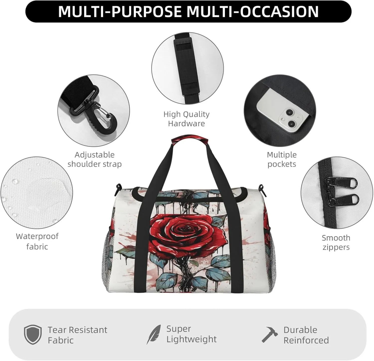 Travel Duffel Bag For Men Women, Red Rose Art Painting Carry On Sport Gym Bag With Shoulder Strap Lightweight Waterproof Weekender Bag Overnight Bag
