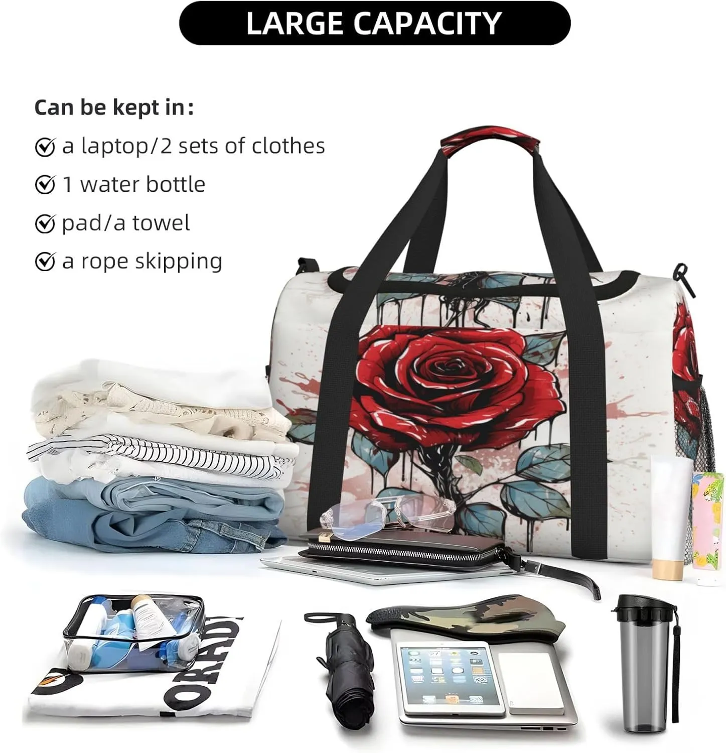 Travel Duffel Bag For Men Women, Red Rose Art Painting Carry On Sport Gym Bag With Shoulder Strap Lightweight Waterproof Weekender Bag Overnight Bag