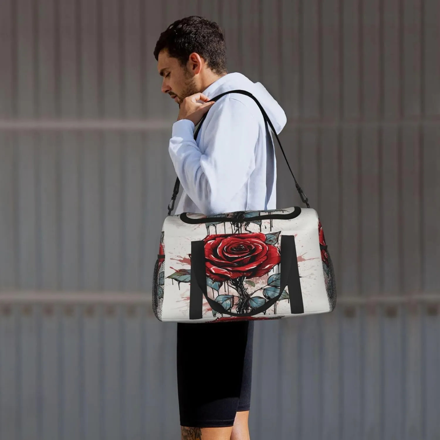 Travel Duffel Bag For Men Women, Red Rose Art Painting Carry On Sport Gym Bag With Shoulder Strap Lightweight Waterproof Weekender Bag Overnight Bag